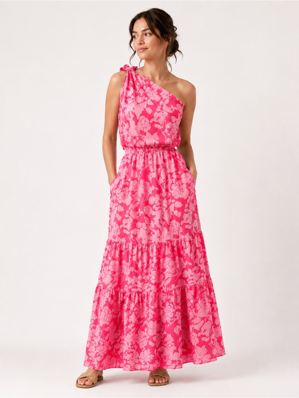Tuckernuck Hyacinth House Pink Floral One-Shoulder Tiered Maxi Dress Small